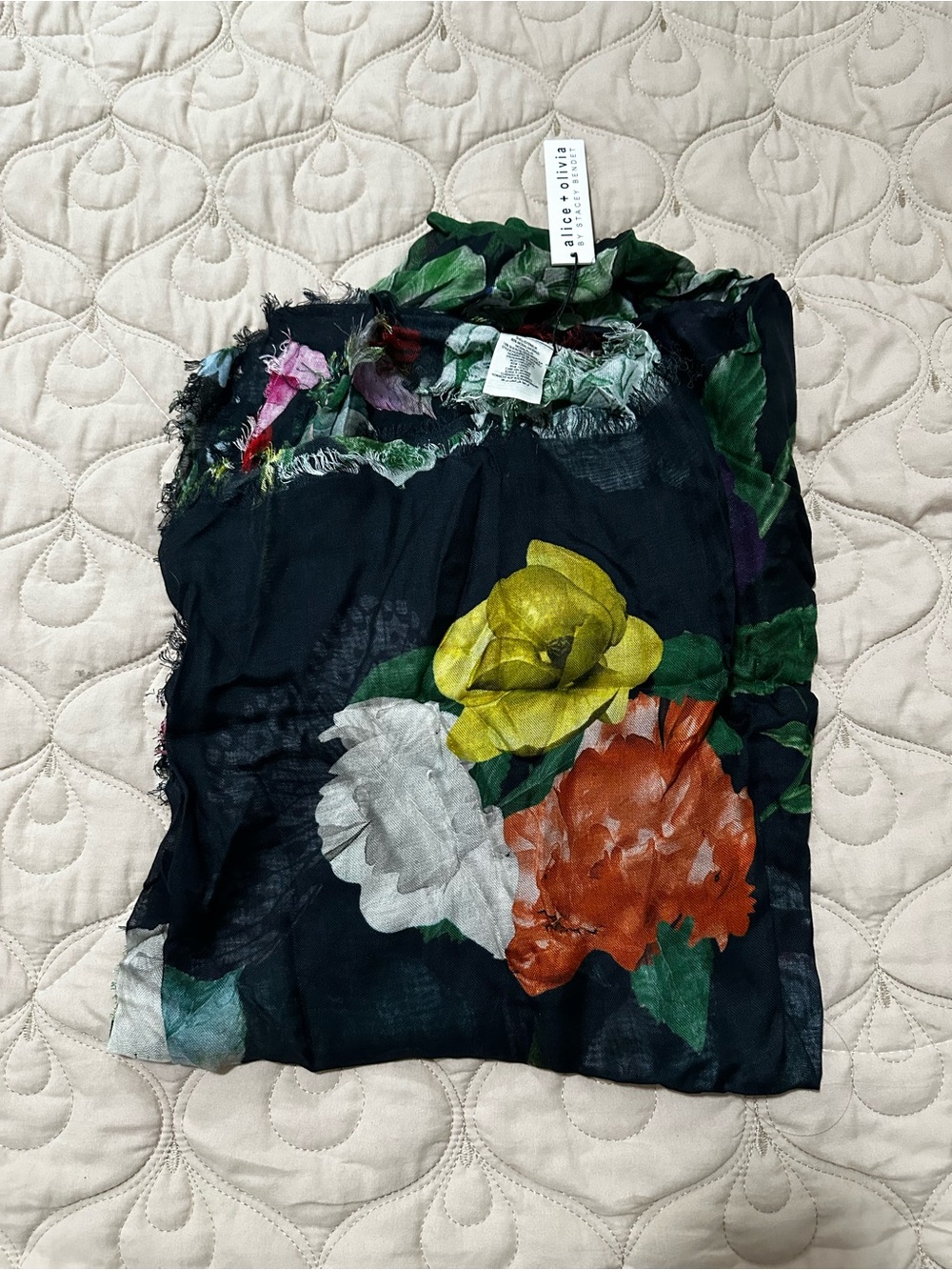 Alice + Olivia Black Floral Lightweight Scarf Top - Yellow & Orange Blooms